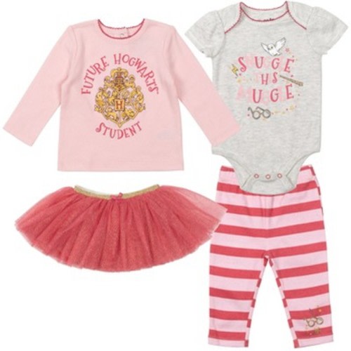 Harry Potter Newborn Baby Girls Bodysuit Graphic T-Shirt Mesh Skirt and Leggings 4 Piece Layette Set Pink / Red / Oatmeal 6-9 Months