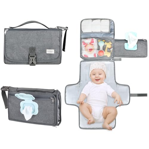LANDICI Portable Diaper Changing Pad for Newborn Girl & Boy, Travel Waterproof Baby Changing Pad with Smart Wipes Pocket, Detachable Diaper Changing Mat, Gifts for Baby Newborn Essentials, Grey