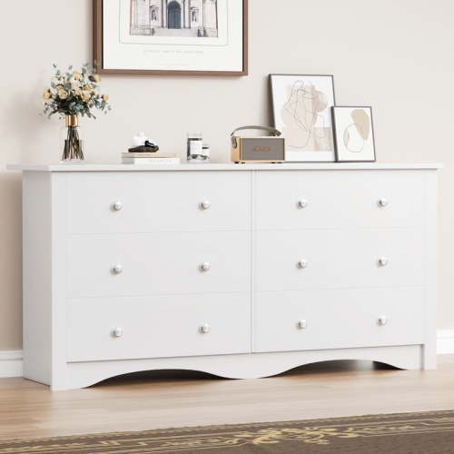 Lumihaven Rustic Modern Chest of 6 Drawers,Extra Wide Double Dresser for Master Bedroom or Nursery Storage,White