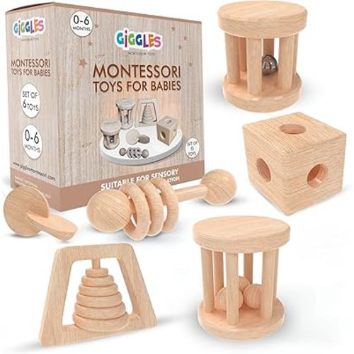 (6 Pack) Babies 0-6 Months, Wooden Baby Toy Rattle, Teether, Teethers, Teething for Babies, Natural Wood, Baby Toys, Infant Circle Rattle, Rattles, Baby Wooden Toys 6-12 (Natural)