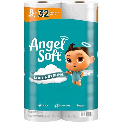 Angel Soft Toilet Paper, 8 Mega Rolls = 32 Regular Rolls, Soft and Strong Toilet Tissue