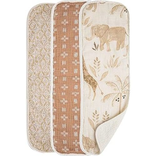 Crane Baby Muslin Baby Burp Cloths Set of 3, Safari Animal Print, 100% Cotton, Absorbent, Lightweight, 7"X20", Baby Newborn Essentials, Safari Baby Stuff