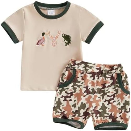 Toddler Boys Summer Outfits Duck Embroidered Short Sleeve T-Shirts Elastic Waist Shorts Baby Boy Hunting Outfit