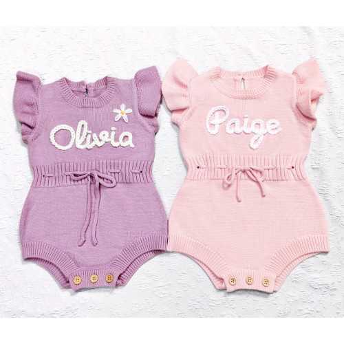 Hand Embroidered Name Baby Girl Romper,Ruffle Bubble Romper with Name,First Birthday Infant Girl Onesie,Purple Knit Romper,Cake Smash Dress
