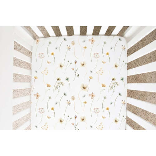 Wild Flower Crib Sheet, Floral Girl Nursery Bedding - Mustard Wildflowers