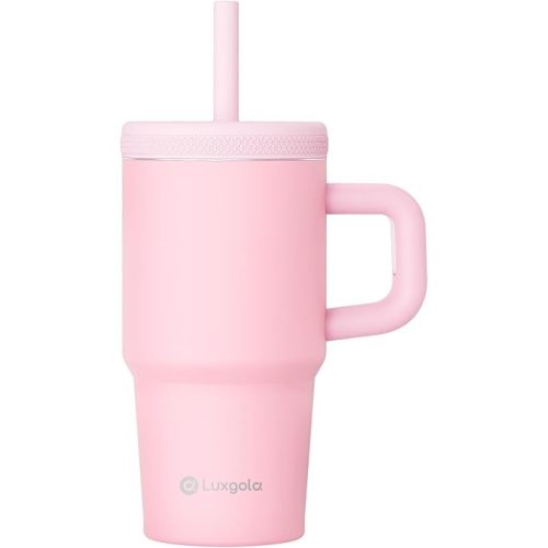 Kids 20 oz Tumbler with Handle, Leak-Proof Screw-On Lid with Removable Silicone Straw, Spill Proof, Reusable Stainless Steel Insulated Water Bottle, Gifts for Boys and Girls, Pink