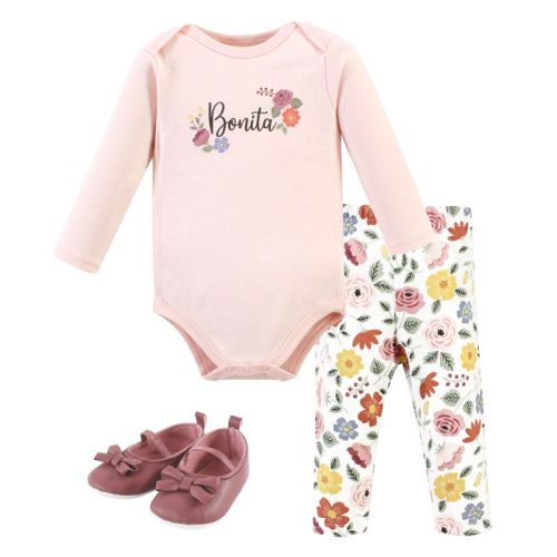 Hudson Baby Infant Girl Cotton Bodysuit, Pant and Shoe Set, Bonita Long Sleeve, Newborn