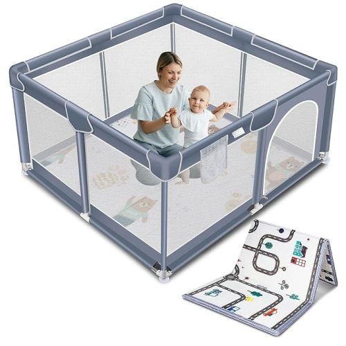 Suposeu Baby Playpen with Mat, Portable Baby Play Yard for Toddler, Safety Baby Gate playpen with Soft Breathable Mesh, Indoor and Outdoor, Large Kids Activity Centery (Grey)