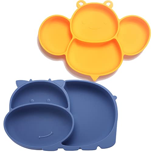 RUNDE Silicone Baby Plates with Suction,Divided Placemat Dish for Toddlers and Kids,Baby First Stage Self Feeding Training Supplies (MF-Blue & Yellow)