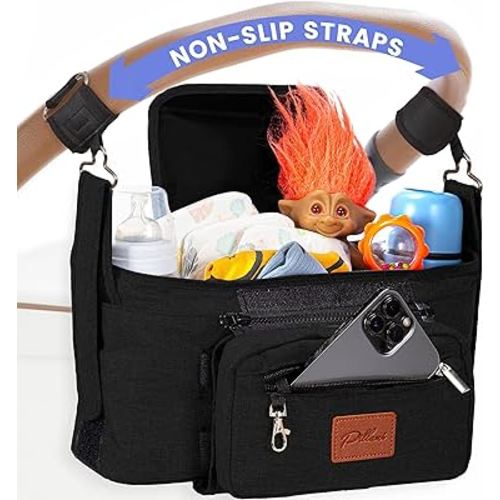 PILLANI Universal Stroller Organizer - Stroller Caddy w/ Insulated Cup Holder & Detachable Phone Bag, Fits Strollers like Doona, Uppababy, Nuna, Baby Jogger, Bob, Umbrella & Pet Strollers Accessories