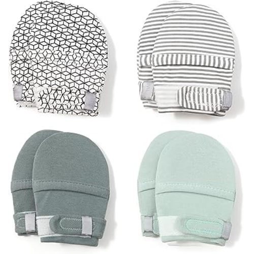 HAPIU Baby No Scratch Mittens Stay On, 100% Cotton Breathable, Adjustable Infant Gloves for Boys Girls, Newborn - 12 M