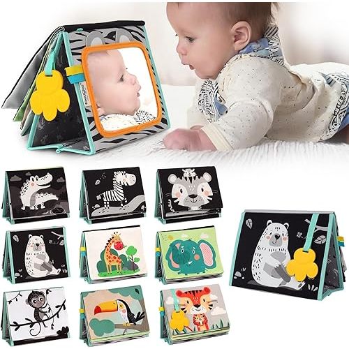 Tummy Time Mirror for Babies - High Contrast Book with Large Stimulating Baby Safe Mirror & Silicone Teether & Crinkle Pages - Perfect Tummy Time Toys for Babies 0 3 6 9 Months