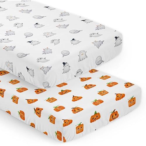 Sweet Jojo Designs 2-Piece Baby Crib Sheets Set (Halloween Ghosts & Pumpkins) for Boys or Girls, Infant Nursery, Toddler Room - Standard Size (Ghost, Jack O Lanterns, Festive Holiday, Gender Neutral)