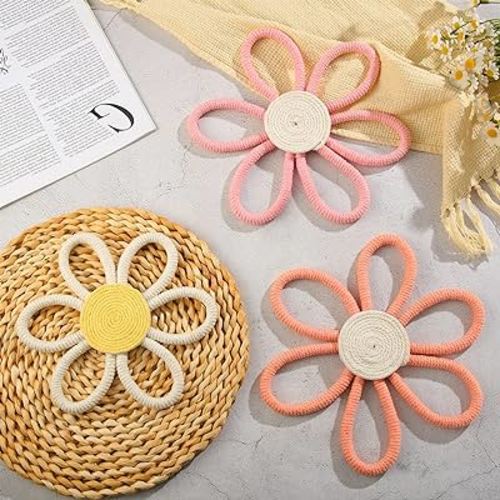 Boho Nursery Decor for Girl Daisy Flower Woven Macrame Wall Hanging Bohemian Nursery Home Wall Decor Nursery Wall Decor Flowers for Baby Girls Kids Nursery Dorm Decor (Brick Red, Pink, White, 3 PCS)