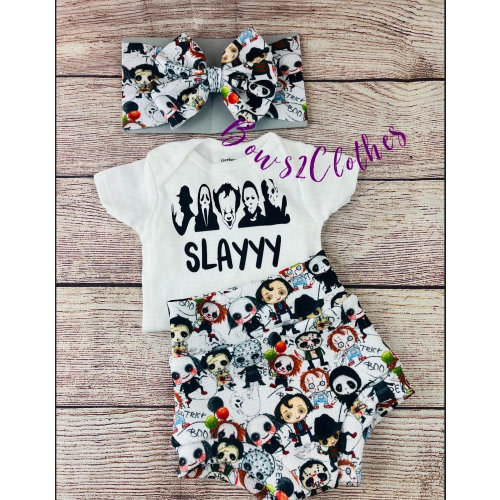Halloween Horror Halloween High Waisted Bummies/ Baby Girl High Waisted Shorts/ Bummies and Headwrap Bow Set