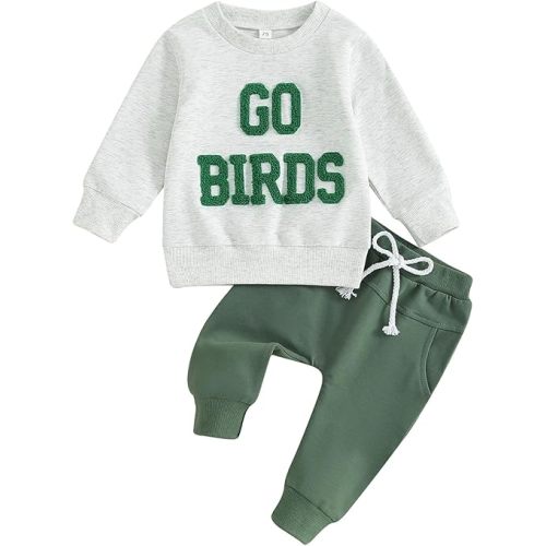 Gueuusu Toddler Baby Boy Girl Fall Winter Outfits Go Birds Fuzzy Embroidered Sweatshirt Top Pants Football Game Day Clothes