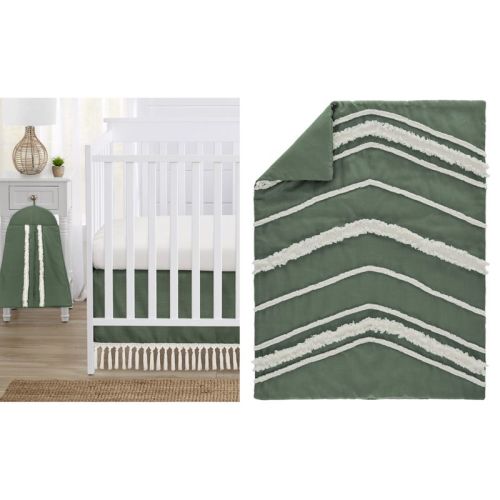 Sweet Jojo Designs Girl Baby Crib Bedding Set - Dark Green And Ivory Boho Fringe Collection 4pc