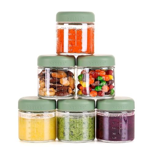 haakaa Baby Food Jars with Silicone Lid,Premium Lab-Quality Borosilicate Glass,6 x 4oz,Plastic-Free, Freezer, Microwave & Ovensafe,Pea Green