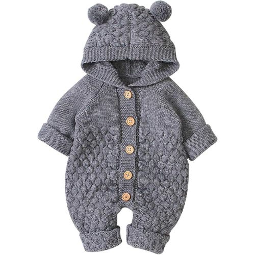 Camidy Baby Boy Girl Knitted Romper Outfits Infant Hoodie Sweater Bear Jumpsuit Overalls One-piece Bodysuit Outerwear - Grey - 3-6 Months