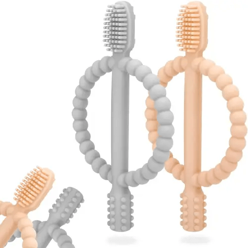 Baby Teething Toys with Easy-Hold Handle, Silicone Infant Toothbrush, Textured On Both Sides Helps Massage, Soothe Sore Gums, Teething Toys for Babies 0-6 Months, 6-12 Months Peach Powder & Gray