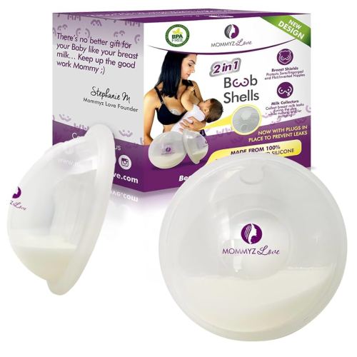 Mommyz Love Breast Shells & Milk Catcher for Breastfeeding New Model with Plugs - Breast Milk Catcher to Relieve Cracked Sore & Engorged Nipples - Breast Shells Milk Collector for Leaking Milk 2 Pack