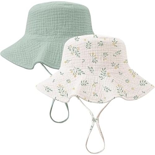 Konssy 2 Pack Muslin Baby Sun Hat UPF 50+ Sun Protection Baby Bucket Hat Summer Beach Hats with Wide Brim for Boys & Girls