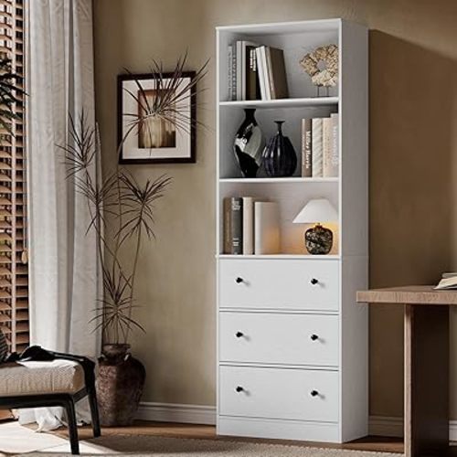 71" Tall Bookshelf, Bookcase with Drawers, Bookshelf with Storage, White Bookshelf with 3 Drawers and 3-Tier Open Shelves, Home Decor Furniture for Living Room, Bedroom, Kitchen, Home Office