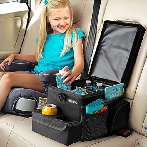 High Road CarHop Car Caddy Organizer with Road Trip Cooler, Car Cup Holder Bin, Sturdy Snack and Play Lid and 6 Organization and Storage Pockets, Black