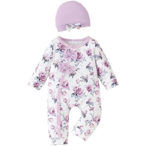 Mioglrie Newborn Baby Girl Clothes Long Sleeve Romper Infant Fall Winter Outfits Floral Hat Jumpsuit Preemie Girl Clothes
