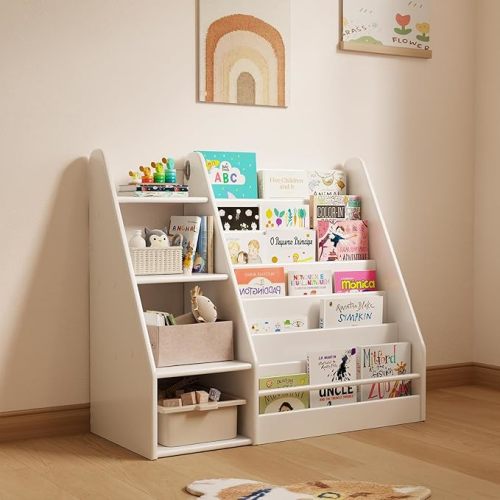 Solid Wood Kids Bookshelf and Storage Organizer, 7 Layer Children Bookcase, Baby Toddler Wooden Book Shelf, Display Cabinet for Playroom, Bedroom, Classroom, Nursery, School, White