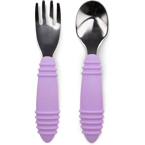 Bumkins Toddler Utensils, Kids Size Fork and Spoon Set, Silicone and Stainless-Steel Training Silverware, Angled Forks / Sporks for Self-Feeding, Children Hold Learning to Eat, 18 Months Up, Lavender