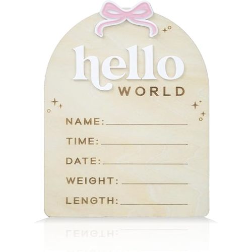Wooden Baby Announcement Sign Hello World Newborn Welcome Sign Birth Name Plaques for Photo Props Baby Shower Hospital Nursery (BOW PINK)