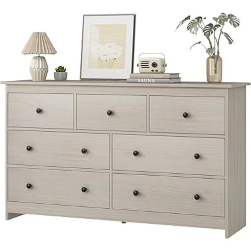 JOZZBY 7 Drawer Dresser for Bedroom, 55 Inch Natural Wooden Large Dresser with Metal Knob, Modern Chests of Deep Drawers Organizer for Home Office, Hallway
