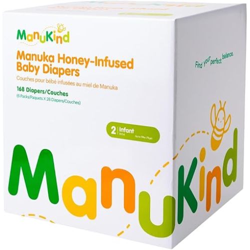 ManuKind Baby Diapers, Manuka Honey Infused, Ultra Soft, Plant-Based Materials, Quick-Dry Comfort, Leak Guard Protection, Size 2 – 168 Diapers (6 Packs of 28)