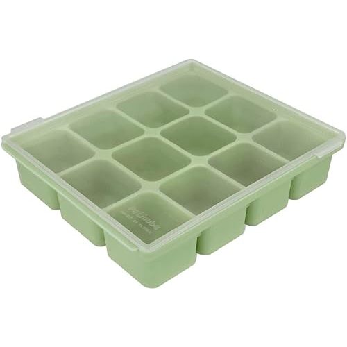 Silicone Freezer Tray, Baby Food Storage Cubes with Clip-On Lid, Freeze Baby Food, Soups, Purees, Ice, Easy and Safe Design, Made in Korea (12, Celadon Green)