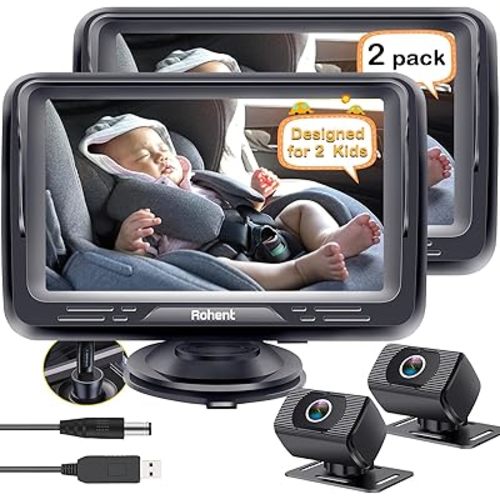 Rohent Baby Car Camera 2-Pack - Dual HD 1080P Monitors with Night Vision, Adjustable Angles, Glare-Free Display, Easy Installation for Two Kids, Ideal for Road Trips