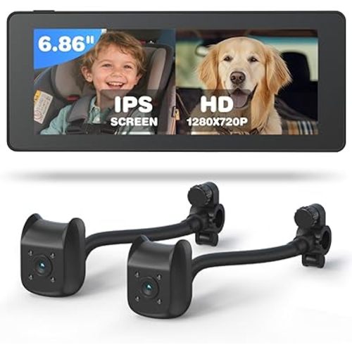 Baby Car Camera for 2 Kids | 6.86" 1080P IPS Dual-Camera Split Screen Monitor - 360° Rotation IR Night Vision - USB Powered for Rear Facing