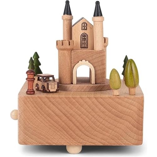 Cottage Garden Castle Car Woodgrain 6 inch Beech Wind-Up Musical Figurine
