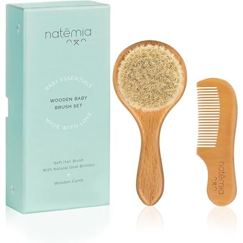 Natemia Wooden Baby Hair Brush and Comb Set for Newborns and Toddlers - Ideal for Cradle Cap