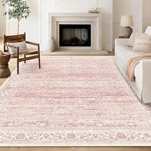 Area Rugs 5x7, Pink Washable Rugs for Living Room Bedroom Dining Room Kitchen, Ultra Thin Soft Boho Rug Non Slip, Vintage Distressed Carpet Floral Rug for Home