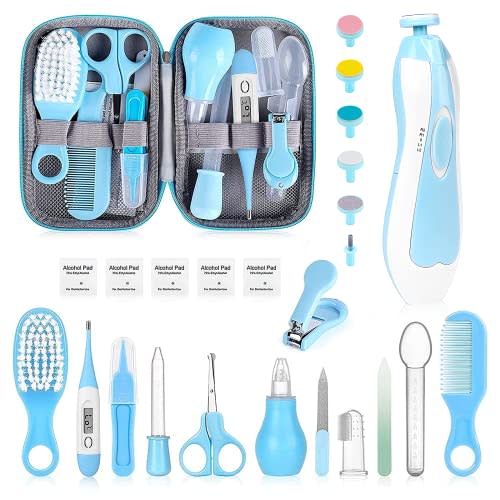 Baby Grooming Kit, Infant Safety Care Set with Hair Brush Comb Nail Clipper Nasal Aspirator Ear Cleaner,Baby Essentials Kit for Newborn Girls Boys (Blue-25 in 1)