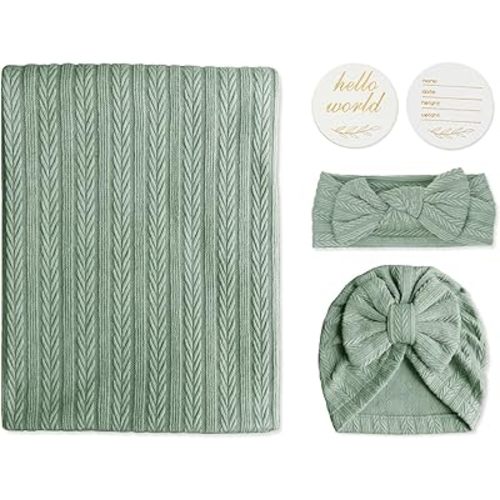 Golener Muslin Swaddle Blankets,Sleepea Swaddle with Bow Headbands, Hats Set and Newborn Name Announcement Card, Stretchy Baby Blankets for Girls and Boys Unisex, Perfect for Newborn Photos (Olive)