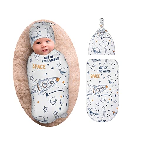 Space Baby Stuff Swaddle Blanket with Beanie Set, Soft and Stretchy Cartoon Rocket Baby Receiving Blanket Swaddle Sack for Boy and Girl