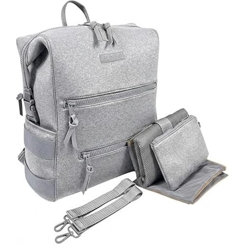 BUNSO Neoprene Diaper Bag Backpack, Water-resistant, Travel Baby Bag With Changing Pad, Stroller Straps, Wet Bag and Pouch (Gray)