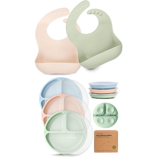 KeaBabies 2-Pack Baby Silicone Bibs and 3-Pack Suction Plates with Lids for Baby - Waterproof, Easy Wipe Silicone Bib for Babies, Toddlers - 100% Silicone Suction Plates for Baby, Kids, Toddler Plates