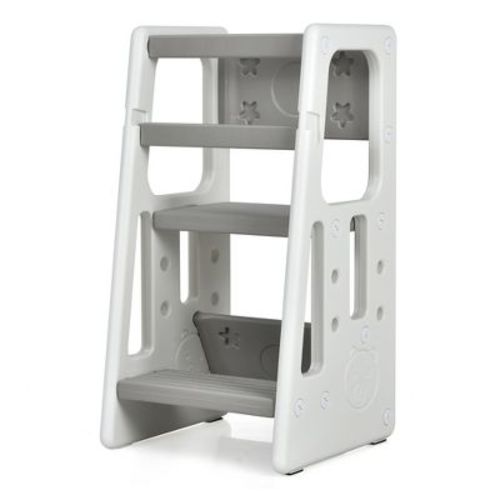 Costway Kids Kitchen Step Stool With Double Safety Rails Toddler Learning Stool Gray