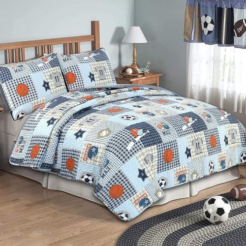 Cozy Line Home Fashions Blue Sports Baseball Basketball Soccer Ball Football Quilt Set Bedspread Coverlet for Boys Kids (Sport, Queen - 3 piece)