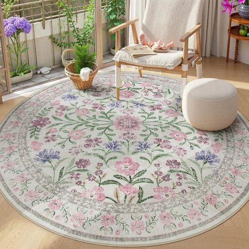 Wonnitar Washable Round Rugs 6ft, Pink Floral Circle Rug Large Round Carpet for Bedroom, Boho Soft Ultra-Thin Circular Carpets for Kids Playroom Living Room Nursery