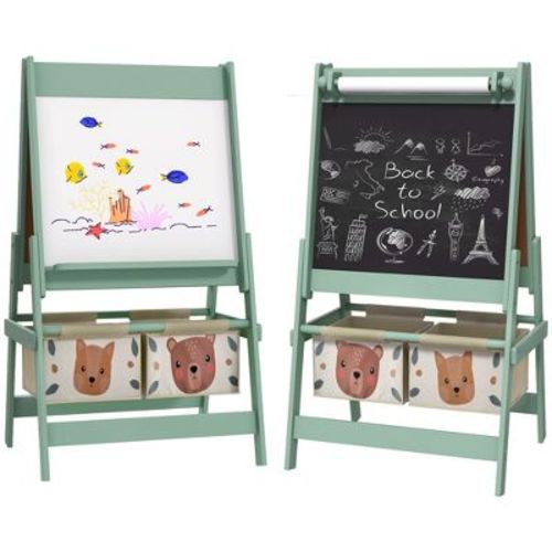 Qaba Art Easel For Kids With Paper Roll, 3 In 1 Toddler Painting Easel With Blackboard, Whiteboard, Storage Baskets, Green