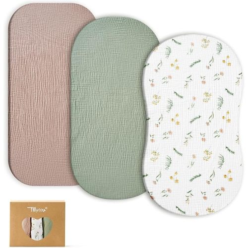 TILLYOU Muslin Bassinet Sheets for Baby Boys Girls 3 Pack, Soft Breathable Elastic Cotton Bassinet Mattress Sheets, Fit Hourglass Oval Rectangle Cradle Mattress, 33"X17",Daisy